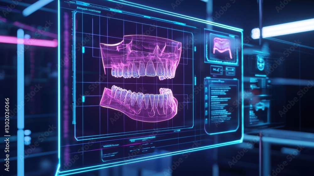 Obraz premium Futuristic Dental Imaging Technology with 3D Visualization of Human Teeth and Jaw Structure in Neon Colors for Medical and Dental Applications