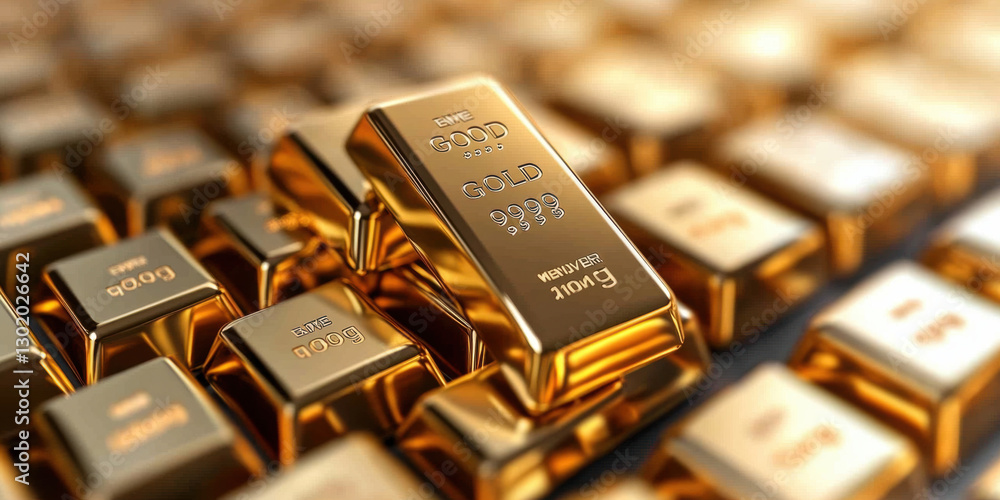 A stack of shiny gold bars with price charts, showcasing high fidelity and detailed visuals for commercial use. A stack of shiny gold bars with price charts, showcasing high fidelity and detailed visuals for commercial use.