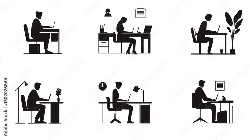 Office Workers at Desks, Various Positions Office Workers at Desks, Various Positions