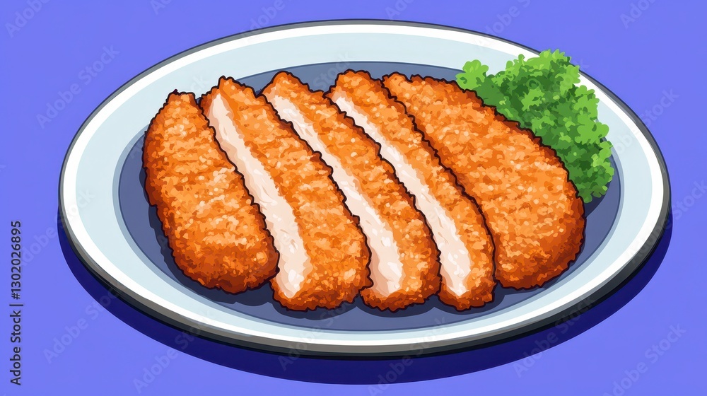 Fototapeta premium Breaded Cutlet with Greens on a Plate Pixel Art Illustration