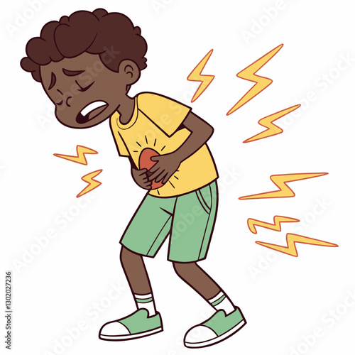 Young boy experiencing abdominal pain with graphic lightning symbols around him