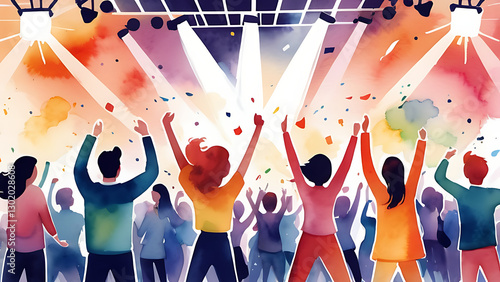 Crowd Celebrating with Raised Hands at Concert Watercolor Painting