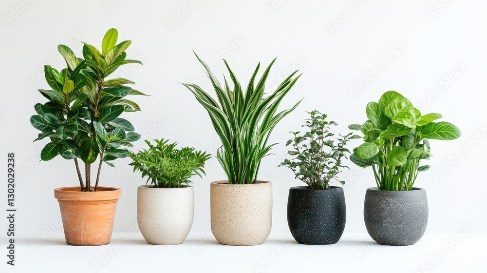 Five vibrantly lush potted plants artfully arranged; a majestic centerpiece flanked by its companions, from the petite sprout to the grand central flora, creating harmonious beauty Five vibrantly lush potted plants artfully arranged; a majestic centerpiece flanked by its companions, from the petite sprout to the grand central flora, creating harmonious beauty