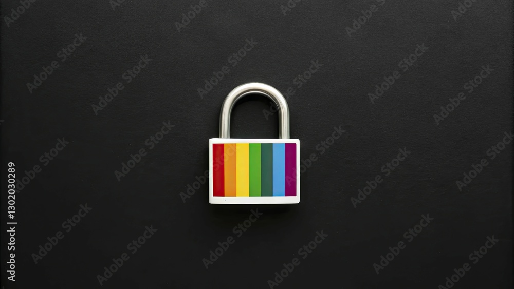 Fototapeta premium A minimalist outline of a padlock with vibrant rainbow circuitry inside, set on a solid black background.