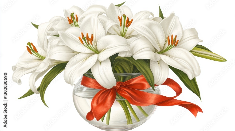 Obraz premium Elegant White Lilies with Orange Ribbon in Glass Vase