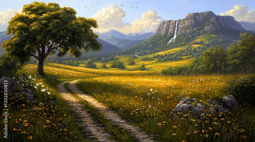 Serene Summer Landscape with Winding Path Through Yellow Flower Meadow and Mountains Serene Summer Landscape with Winding Path Through Yellow Flower Meadow and Mountains