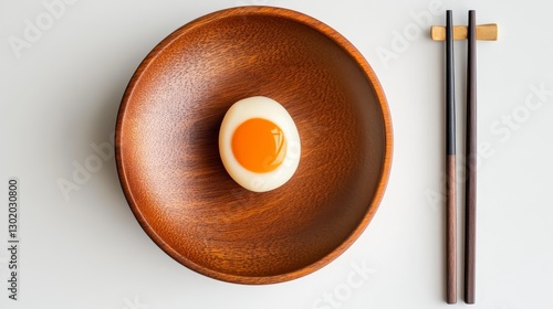 Soft Boiled Egg in Dark Brown Bowl with Chopsticks on White Background