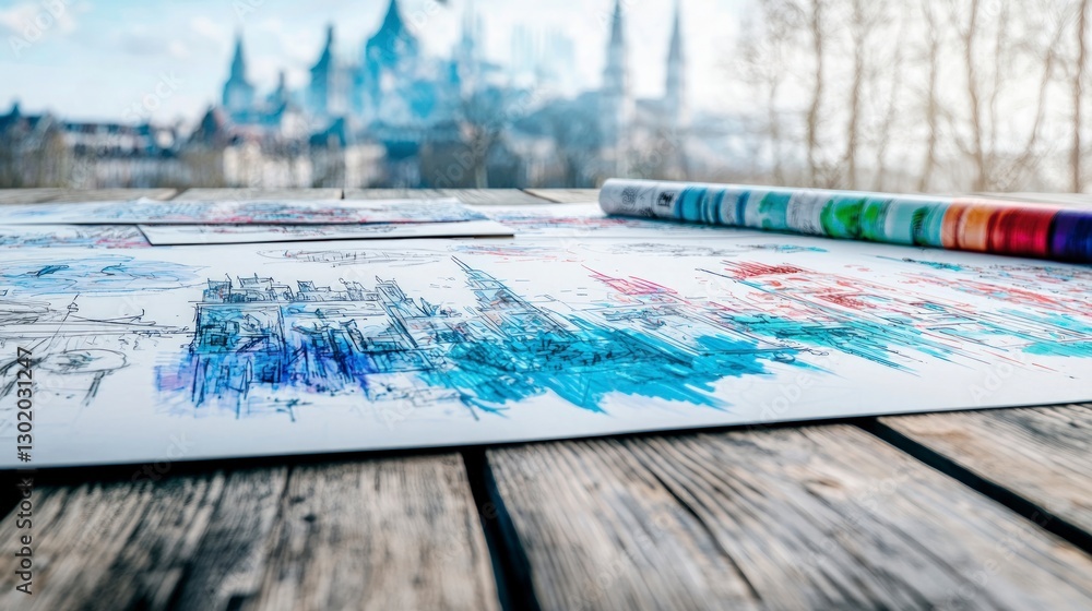 Naklejka premium Storyboard Sketches Cityscape Illustrations on Wooden Table