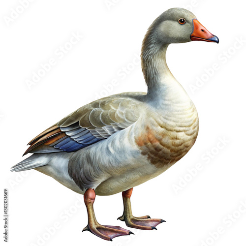 Grey and White Goose Standing with a Detailed Feathery Texture