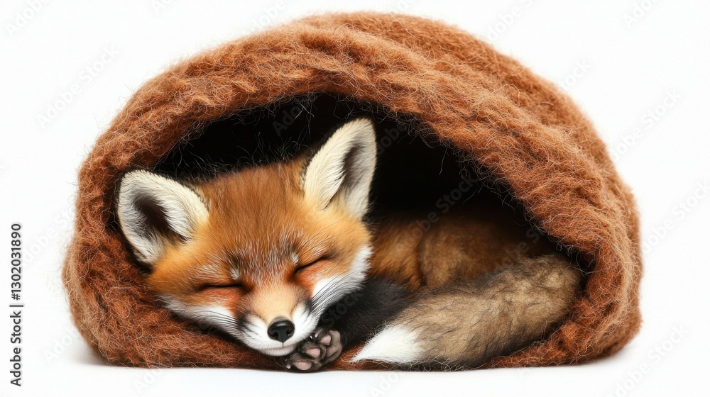 Obraz premium Adorable Red Fox Napping Softly in Cozy Woolen Nest