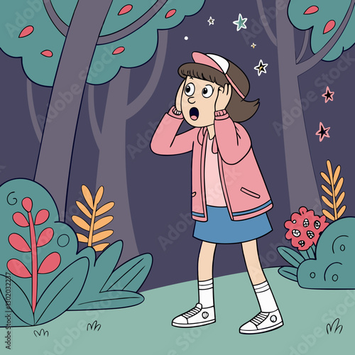 Surprised girl in a cartoon forest surrounded by nature and starry sky