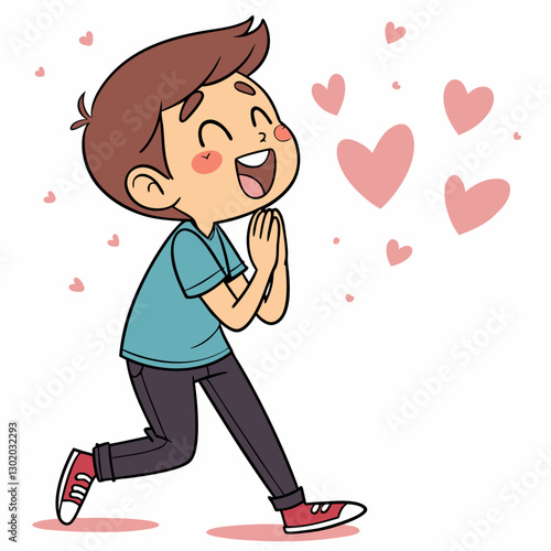 Cartoon Boy Expressing Happiness with Hearts Surrounding, Love and Affection