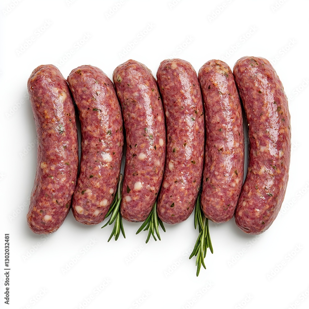 Five Raw Sausages with Rosemary on White Background Five Raw Sausages with Rosemary on White Background