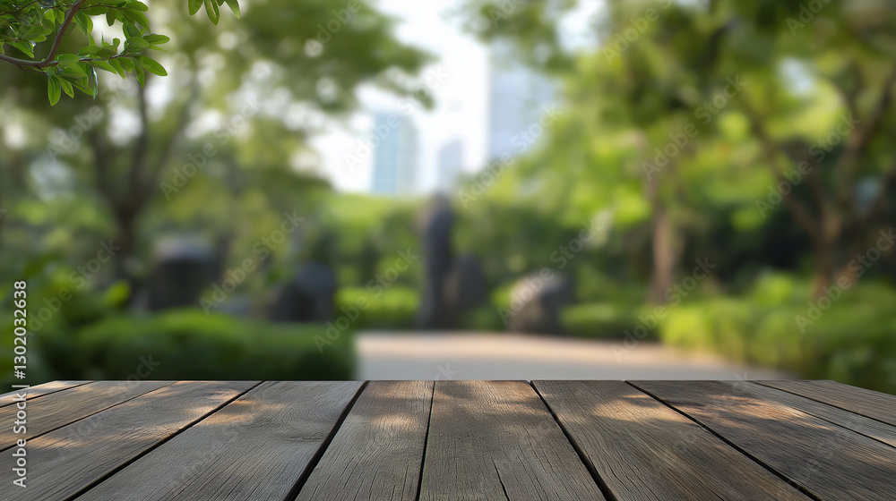 Obraz premium Wooden Tabletop in Blurred Green Park Cityscape Background