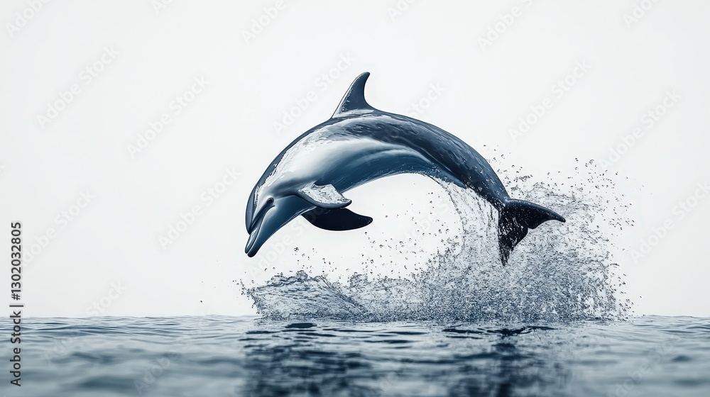 Fototapeta premium A dolphin leaps gracefully from azure waters, poised mid-air, arching elegantly to the right. Vibrant sea meets vibrant life in a fleeting dance of freedom and agility