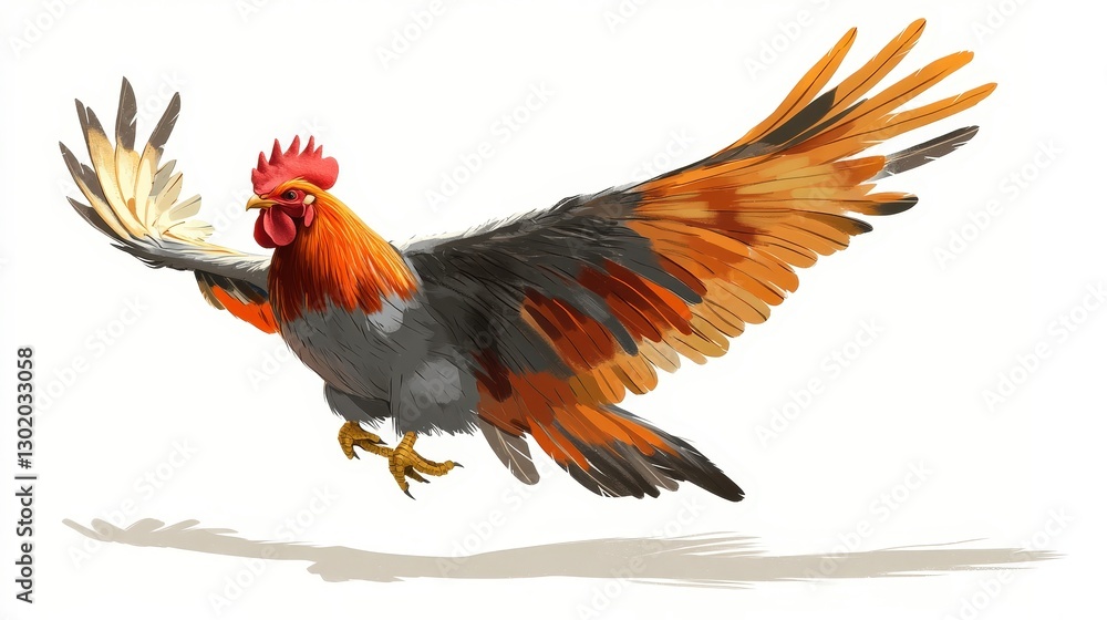 Obraz premium A vividly colored rooster soars gracefully, showcasing striking orange and black plumage. Its wings are fully extended, while majestic tail feathers fan out. A bold red comb adorns its head
