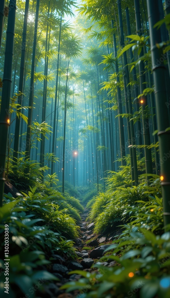 Serene Bamboo Forest Path Mystical Nature Trail with Glowing Fireflies