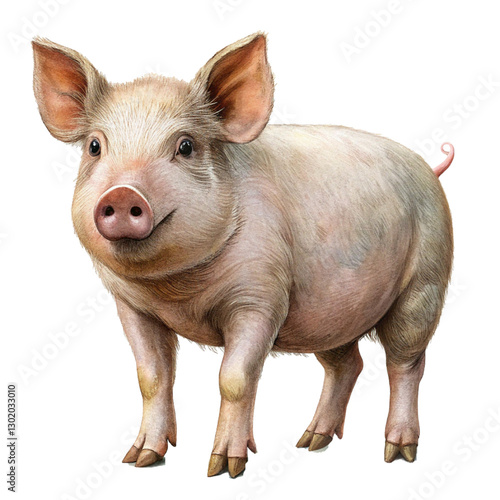 Standing Pig with a Realistic Pinkish Skin and Small Curly Tail