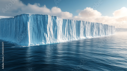 A breathtaking view of a colossal iceberg, rising majestically from the sea, showcasing its intricate contours and towering magnitude, symbolizing both awe and fragility in the vast, open 