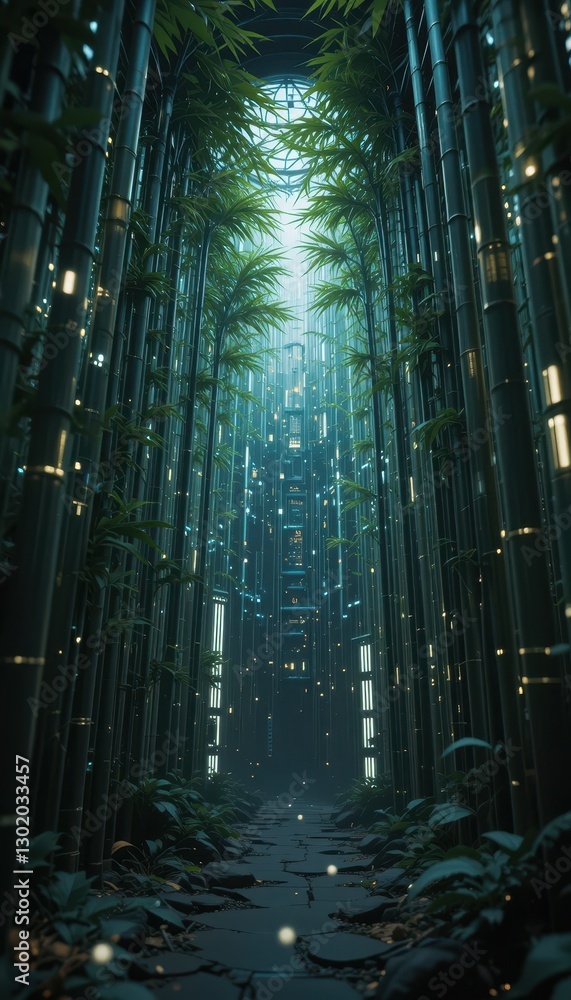 Obraz premium Futuristic Bamboo Forest Path Leading to Illuminated Cityscape at Night Digital Art