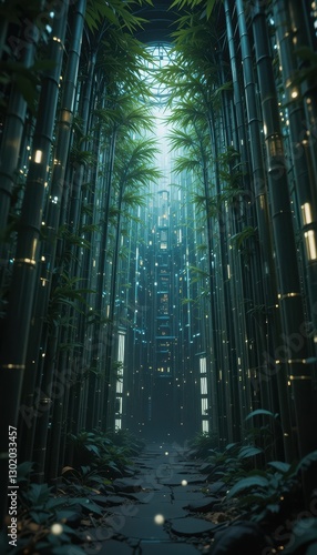 Futuristic Bamboo Forest Path Leading to Illuminated Cityscape at Night Digital Art