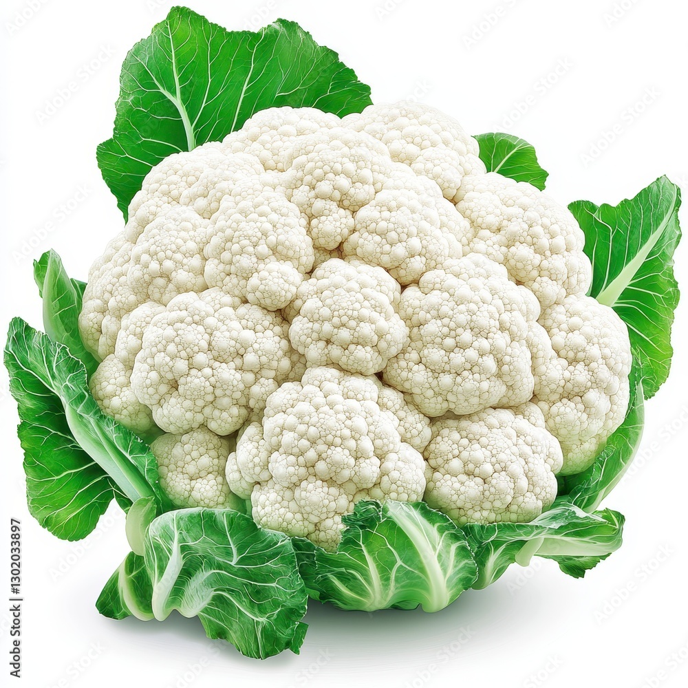 Fresh Cauliflower with Green Leaves on White Background Fresh Cauliflower with Green Leaves on White Background