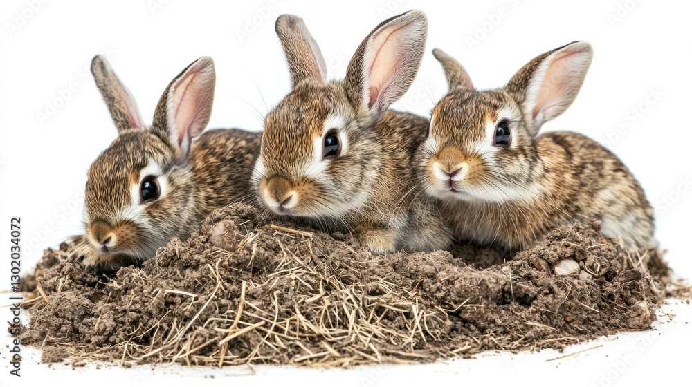 Fototapeta premium Three Adorable Baby Rabbits Sitting on Pile of Fresh Soil