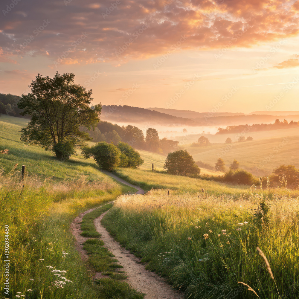 Obraz premium serene landscape featuring winding path through lush green fields at sunrise, with mist hovering over hills, creating peaceful and refreshing atmosphere