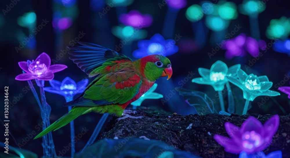 Fototapeta premium Vibrant caique parrot perched on a mossy log surrounded by glowing, colorful flowers in a mystical forest