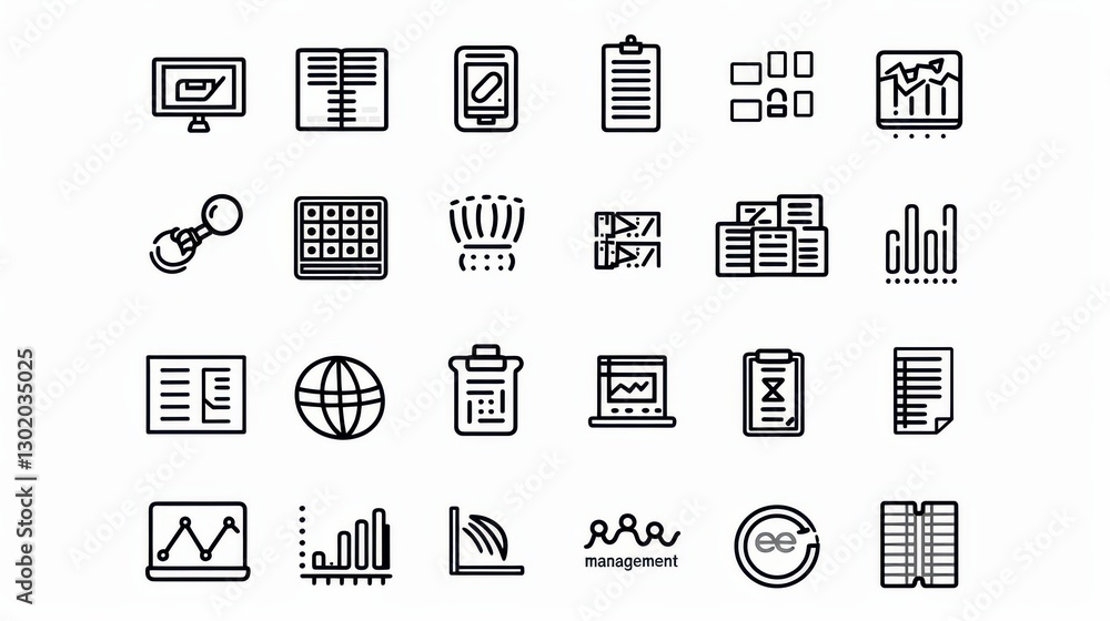 Comprehensive business management icon set featuring minimalist vector symbols in linear outline style, including office tools, data charts, team collaboration, and financial elements. Flat design col Comprehensive business management icon set featuring minimalist vector symbols in linear outline style, including office tools, data charts, team collaboration, and financial elements. Flat design col