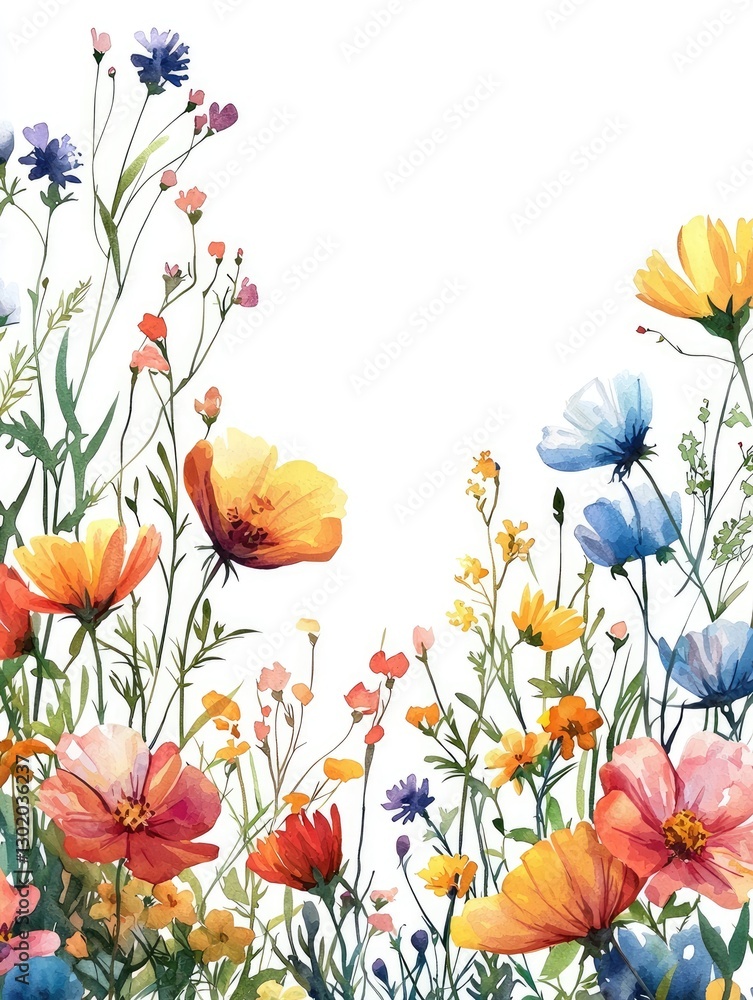 Fototapeta premium Vibrant Wildflower Border in Soft Watercolor Style