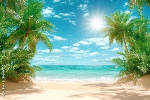 Fototapeta Naklejka Na Ścianę i Meble -  Sunny tropical Caribbean beach with palm trees and turquoise water, caribbean island vacation, hot summer day. 3D render.