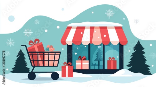 Wallpaper Mural Cozy Winter Holiday Shopping Scene with a Decorated Storefront, Gifts, a Shopping Cart, and a Snowy Background Torontodigital.ca