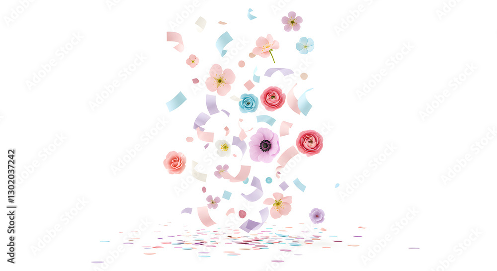 Fototapeta premium Pastel flowers falling with colorful confetti celebration soft pink blue on transparent background