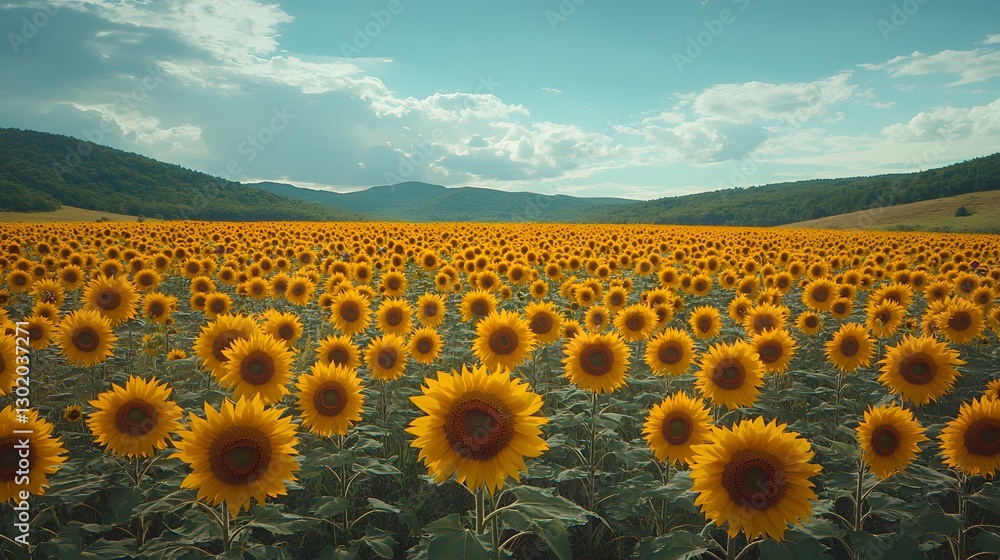 Obraz premium Vibrant Field of Sunflowers Under a Blue Sky with Mountain Backdrop