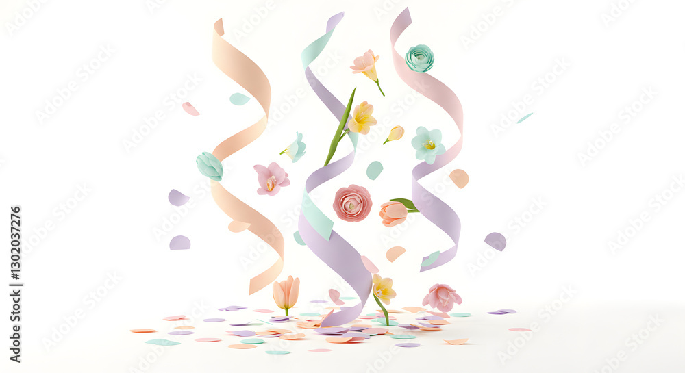Fototapeta premium Pastel flowers and confetti celebration spring festive design cute soft on transparent background