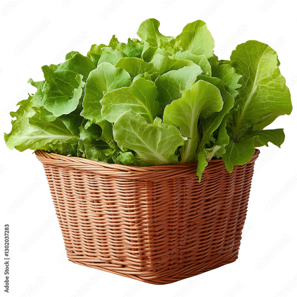 A beautifully arranged basket filled with freshly harvested lettuce leaves perfect for healthy eating and salads isolated on transparent background..