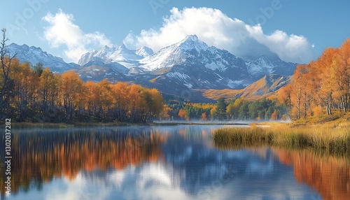 Serene Autumn Landscape with Mountains and Reflective Lake Waters