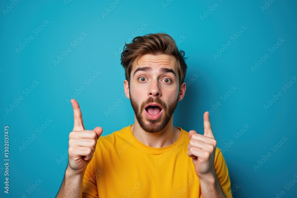 Young Caucasian Male With a Surprised Expression Pointing Upwards Against a Bright Blue Background, Capturing Joy and Excitement Young Caucasian Male With a Surprised Expression Pointing Upwards Against a Bright Blue Background, Capturing Joy and Excitement