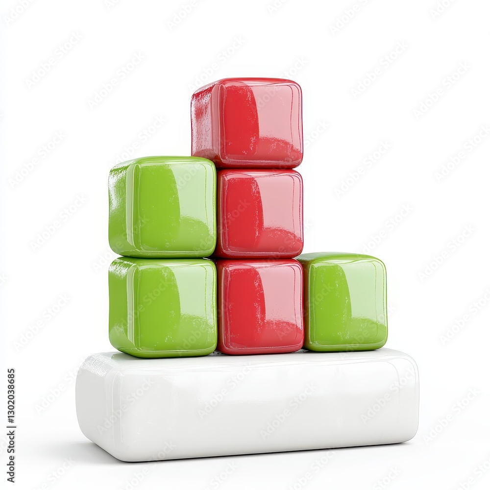 Glossy Red and Green Cubes Stacked on White Base Glossy Red and Green Cubes Stacked on White Base