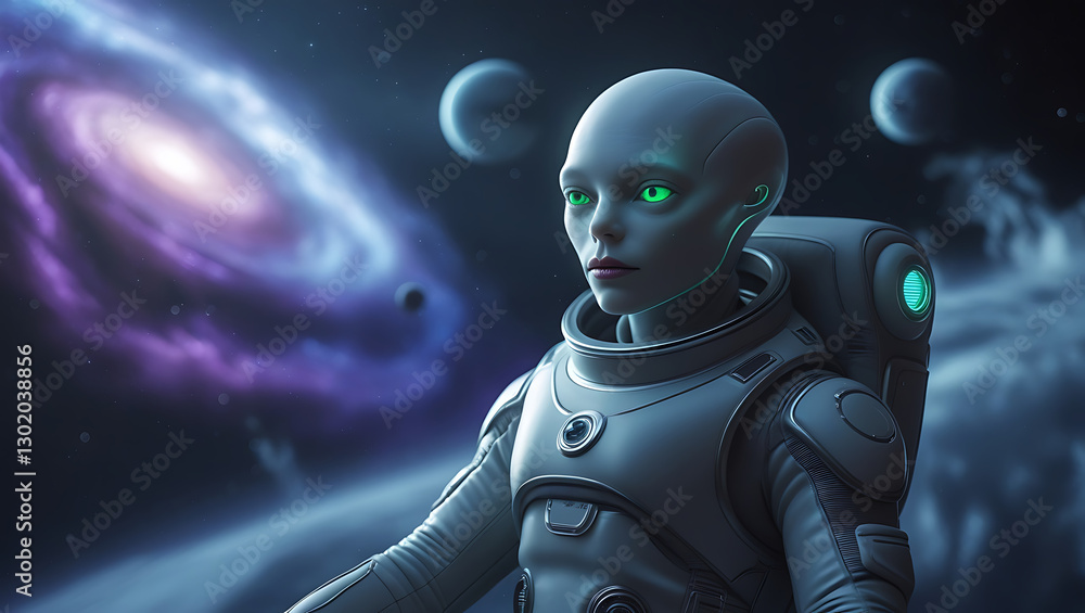 A mesmerizing, hyper-realistic visual representation of an astronaut alien in the space, intriguing, mystery, dark theme, majestic, galaxy, planets, created by generative ai A mesmerizing, hyper-realistic visual representation of an astronaut alien in the space, intriguing, mystery, dark theme, majestic, galaxy, planets, created by generative ai