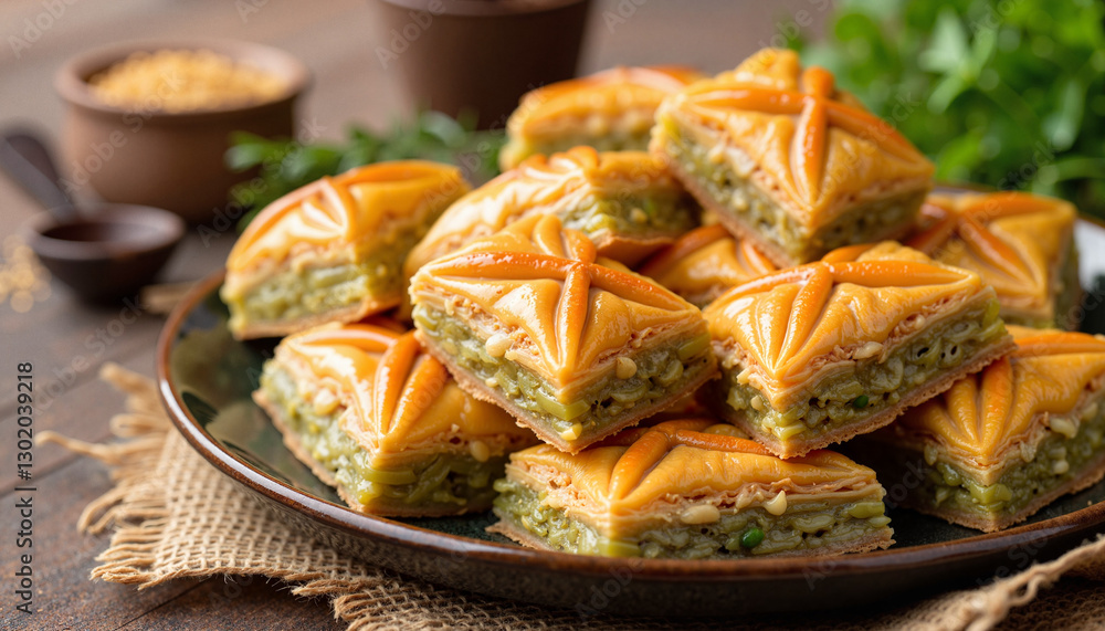 Baklava dessert arranged on a plate with rustic background Baklava dessert arranged on a plate with rustic background