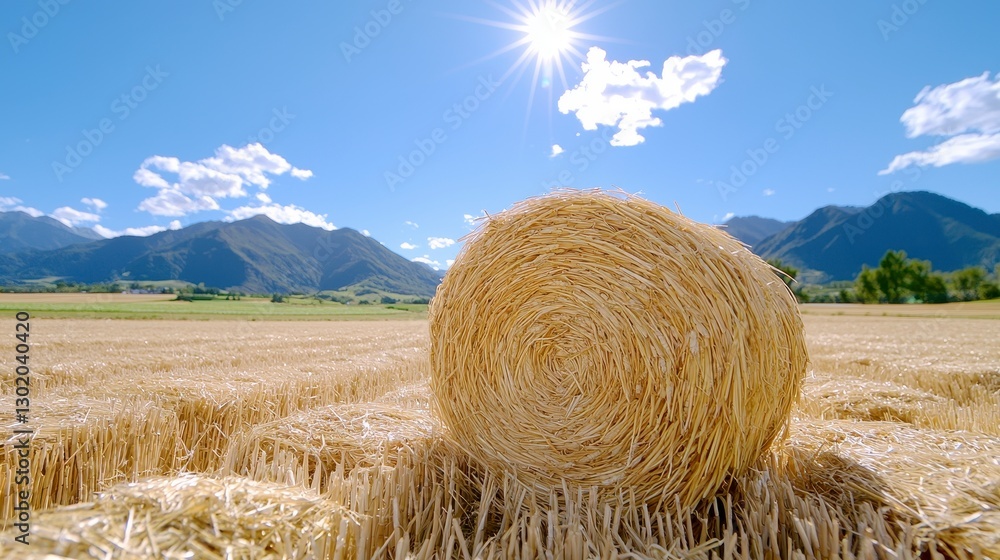 Golden Hay Bale in Summer Field with Mountain Background Golden Hay Bale in Summer Field with Mountain Background