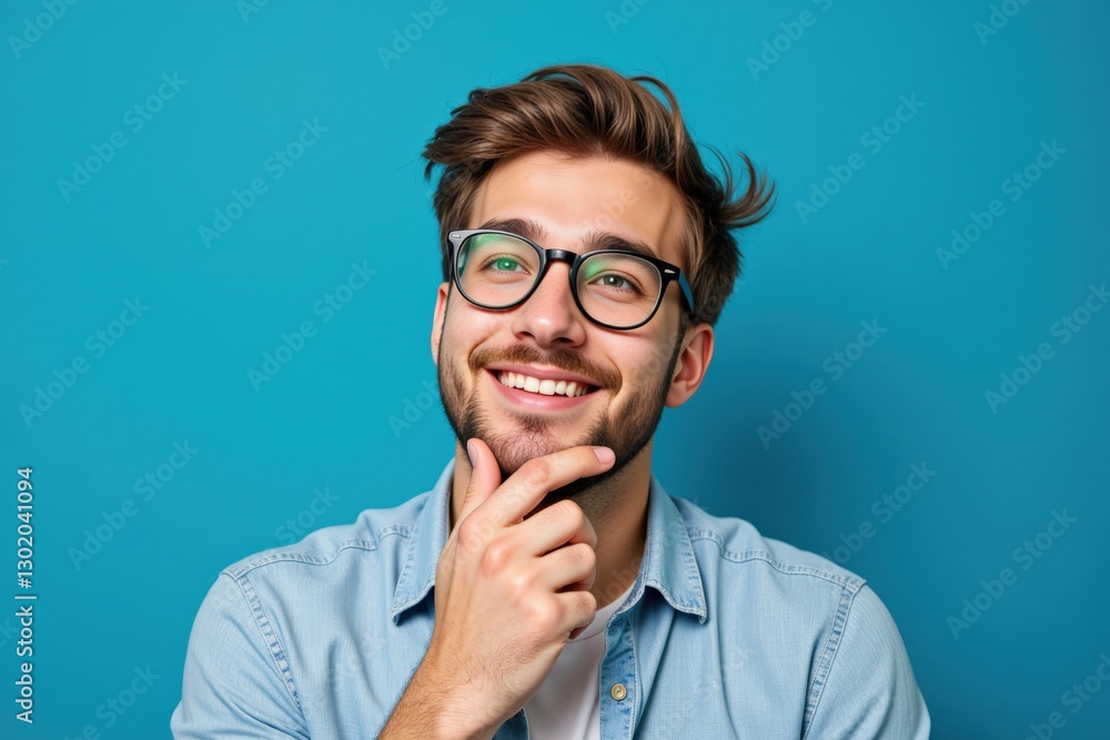 Portrait of a Thoughtful Caucasian Male in His 20s with Glasses, Smiling Against a Vibrant Blue Background, Reflecting on Ideas or Memories Portrait of a Thoughtful Caucasian Male in His 20s with Glasses, Smiling Against a Vibrant Blue Background, Reflecting on Ideas or Memories