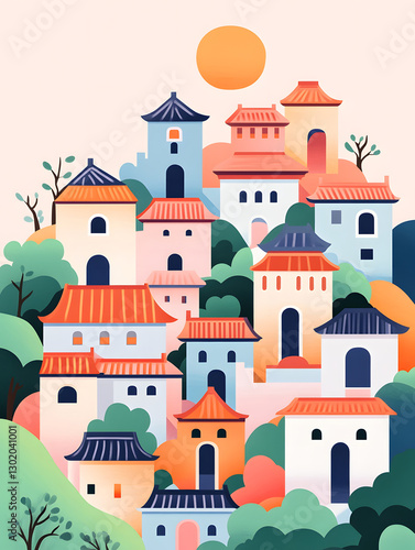 Wallpaper Mural Chinese style retro ancient building architectural illustration, Chinese style architectural illustration background Torontodigital.ca