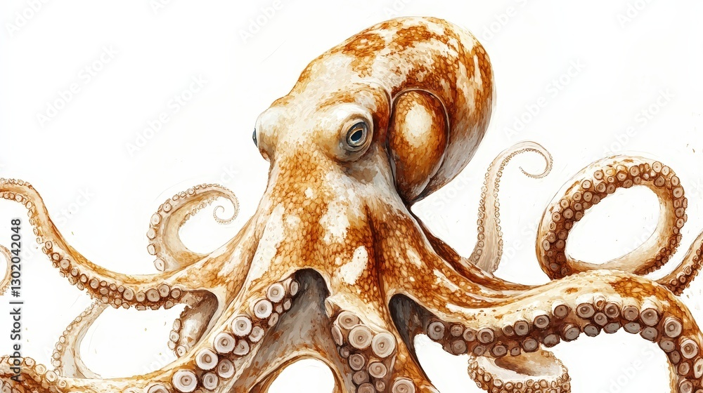 Obraz premium A meticulously detailed watercolor illustrates an octopus, capturing its lifelike head and tentacles with intricate precision