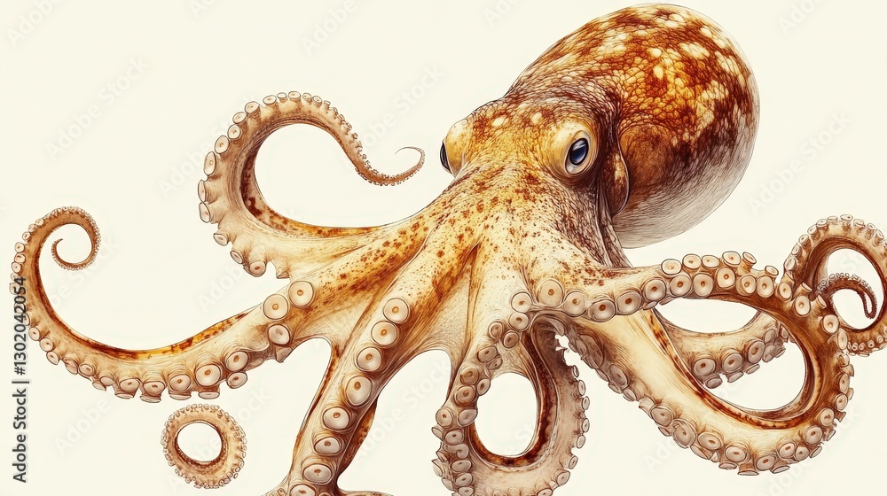 Obraz premium A captivating illustration showcases an octopus's head and tentacles in stunning detail, rendered realistically. Intricate patterns and vibrant hues highlight each symmetrical tentacle