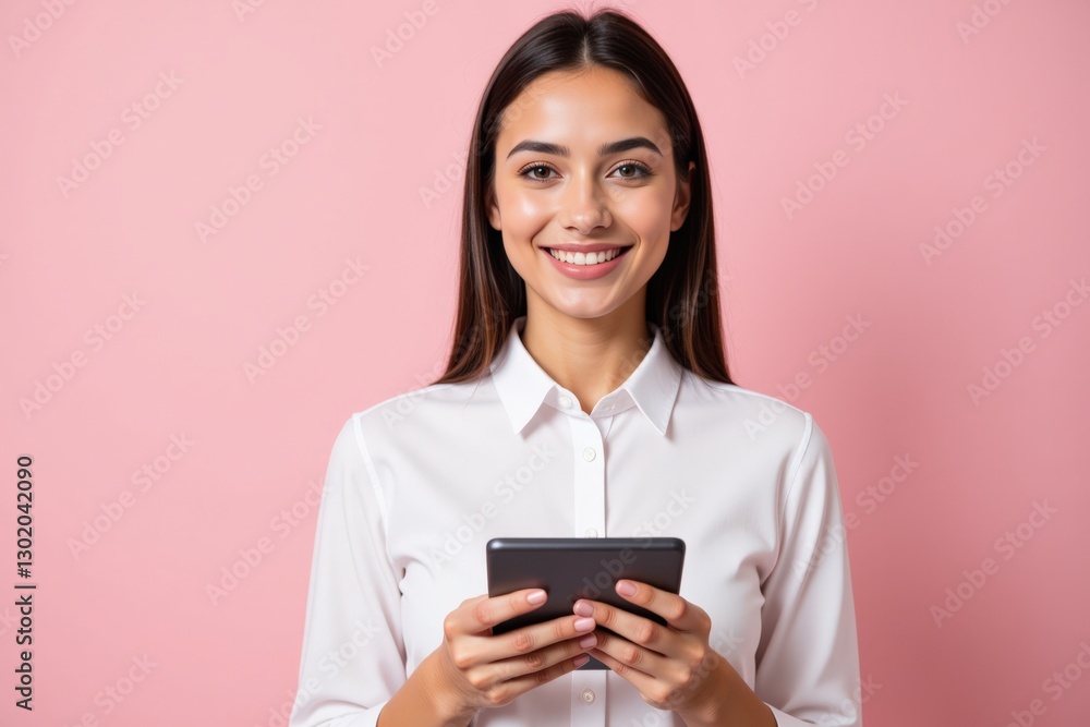 Smiling Young Woman of Hispanic Descent Holding Smartphone Against Soft Pink Background, Radiating Happiness and Confidence Smiling Young Woman of Hispanic Descent Holding Smartphone Against Soft Pink Background, Radiating Happiness and Confidence