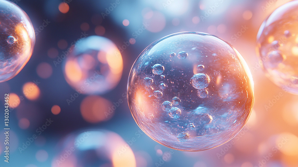 Close-up of blue exosome particles within transparent spheres, symbolizing cutting-edge biotechnology in cosmetology and trichology, with blurred light tones representing scientific chaos and innovati Close-up of blue exosome particles within transparent spheres, symbolizing cutting-edge biotechnology in cosmetology and trichology, with blurred light tones representing scientific chaos and innovati
