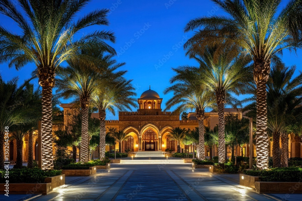Illuminated palace at twilight, palm trees lining pathway. Illuminated palace at twilight, palm trees lining pathway.